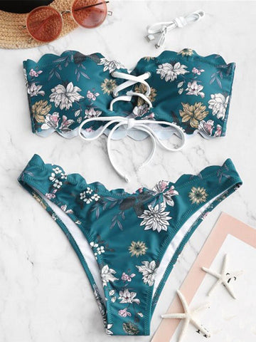 Airchics maillot de bain fleurie avec à lacets 2 pièces bandeau femme bikini